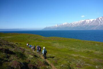 Blick auf eine Wandergruppe im Fjord